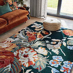 UnAmourDeTapis tapis entrée 140x200 fait à la main en laine bleu marine et orange motif floral