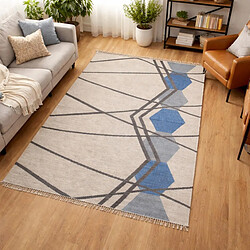 UnAmourDeTapis Tapis kilim 160x230 rectangle fait à la main en laine blanc et bleu