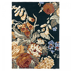 UnAmourDeTapis tapis entrée 140x200 fait à la main en laine bleu marine et orange motif floral