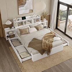 modfu Lit adulte 140x200 cm avec 2 tables, chargeur et tiroirs, en MDF, blanc