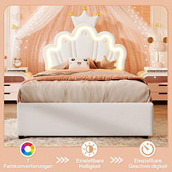 Otherland Lit princesse 90x200 blanc couronne, tête réglable, LED, rangement hydraulique