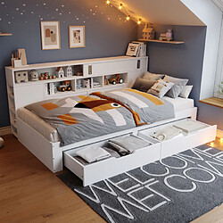 modfu Lit adulte 140x200 cm avec tiroirs, étagères et placards, en MDF, blanc