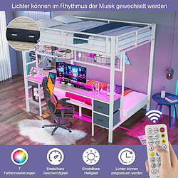 Blossom Paris Lit mezzanine 90/140x200 métal blanc avec LED 7 couleurs, bureau et ports USB