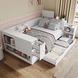 modfu Lit adulte 140x200 cm avec tiroirs, étagères et tables de chevet, en MDF, blanc