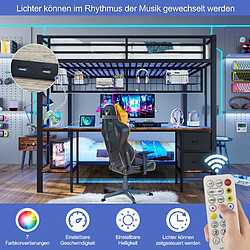 Blossom Paris Lit mezzanine 90/140x200 métal noir avec LED 7 couleurs, bureau et ports USB