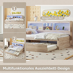 Otherland Lit jour 90x200 naturel, LED, rangement latéral, lit escamotable, prises USB