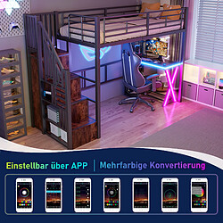 Blossom Paris Lit mezzanine 90x200cm métal noir, sans matelas, LED, échelle, bureau, penderie