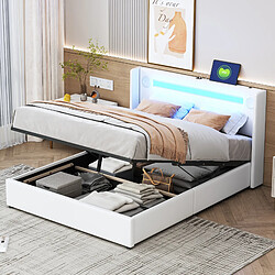 Otherland Lit capitonné 140x200 avec LED, Bluetooth, USB, rangement PU cuir, sommier. Blanc.