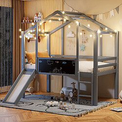 Blossom Paris Lit enfant 90x200 cm design grenier, échelle et toboggan, tableau graffiti, bois, gris.