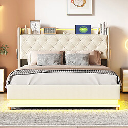 Blossom Paris Lit capitonné LED 140x200 avec USB et rangement hydraulique, tissu lin beige.