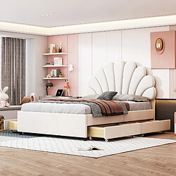 Blossom Paris Lit capitonné 140x200, cadre tête de lit fleuri, sommier, avec étagères, velours, beige.