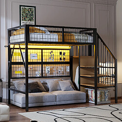 Blossom Paris Lit mezzanine métal 90x200, LED app, escalier rangement, armoire ouvert, noir