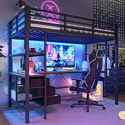Acheter Blossom Paris Lit mezzanine 90x200cm noir, sans matelas, LED, bureau, 3 tiroirs, escalier