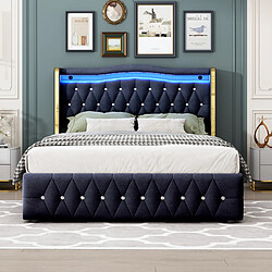 Blossom Paris Lit capitonné 140x200cm, pieds larges, LED, rangement hydraulique, velours noir.