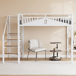 Otherland Lit mezzanine métal 140x200 cm, design fenêtre, échelle sécurisée, grand rangement, blanc.