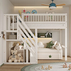 Blossom Paris Lit mezzanine bois 90x200, escalier avec armoire, enfant, ado, blanc