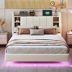 Blossom Paris Lit rembourré 140x200 avec USB et lumière, tête réversible, rangements, lin, beige