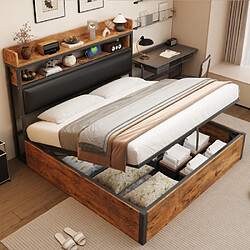 modfu Lit coffre 180x200 cm avec USB et tête de lit, en tissu, noir