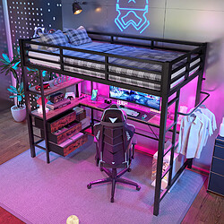 Blossom Paris Lit mezzanine 90x200cm noir, sans matelas, LED, bureau, 3 tiroirs, escalier pas cher