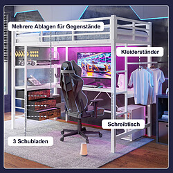 Blossom Paris Lit mezzanine 90x200cm blanc, sans matelas, LED, bureau, 3 tiroirs, escalier 