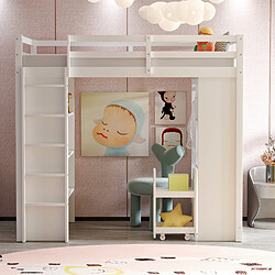 Blossom Paris Lit mezzanine enfant 90x200 cm, étagères multiples, cintres, chariot, rangement, blanc.