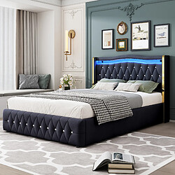 Blossom Paris Lit capitonné 140x200cm, pieds larges, LED, rangement hydraulique, velours noir.