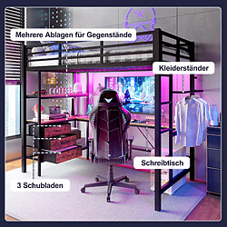 Blossom Paris Lit mezzanine 90x200cm noir, sans matelas, LED, bureau, 3 tiroirs, escalier