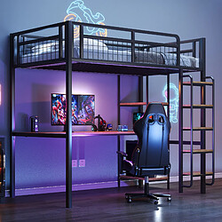 Blossom Paris Lit mezzanine métal 90x200 avec escalier, table, étagères, sécurité, noir