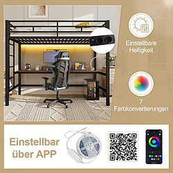 Blossom Paris Lit mezzanine 90x200cm métal noir, sans matelas, bureau USB, LED appli, EN747