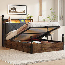 Blossom Paris Lit simple multifonction 90x190, rangement hydraulique, baldaquin fer, LED, USB/Type-C, noir.