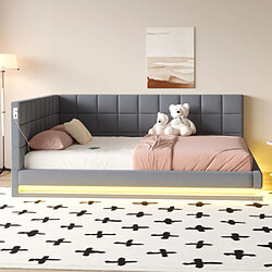 modfu Lit adulte 160x200 cm avec LED, USB et sommier à lattes, en lin, gris