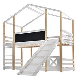 modfu Lit cabane 90x200 cm avec toboggan, échelle et 2 sommiers à lattes, en bois, blanc pas cher