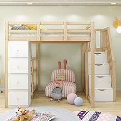 Otherland Lit mezzanine 140x200 avec tiroirs, commode, échelle rangement, bois massif, couleur bois