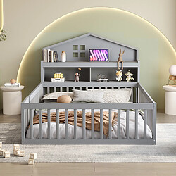 Blossom Paris Lit enfant 140x200, bois massif, maison, étagères, barrière, porte, gris