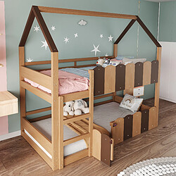 Blossom Paris Lit superposé enfant 90x200 cm, design maison, garde-corps sécurisé, sommier, couleur bois.
