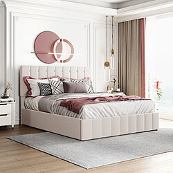 Otherland Lit capitonné 140x200, rangement hydraulique, tête de lit réglable, sommier métal, crème.