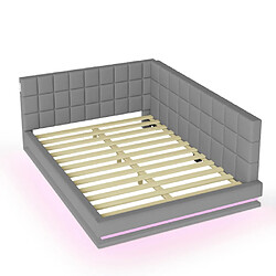 Acheter modfu Lit adulte 160x200 cm avec LED, USB et sommier à lattes, en lin, gris
