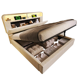 Acheter modfu Lit coffre 140x200 cm avec tête de lit réglable, LED et USB/Type-C, en velours, beige