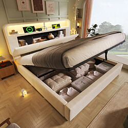 modfu Lit coffre 140x200 cm avec tête de lit réglable, LED et USB/Type-C, en velours, beige