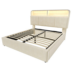 modfu Lit coffre 140x200 cm avec tête de lit réglable, LED et USB/Type-C, en velours, beige pas cher