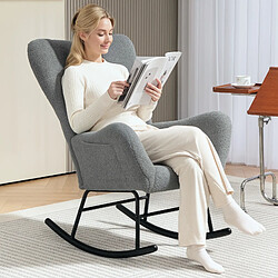 Blossom Paris Fauteuil à bascule, velours teddy, accoudoirs, patins, coussin lombaire, poche, gris