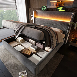 modfu Lit coffre 140x200 cm avec tête de lit, LED et USB/Type-C, en lin, gris