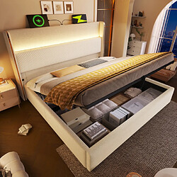 modfu Lit coffre 160x200 cm avec tête de lit, LED et USB/Type-C, en lin, beige