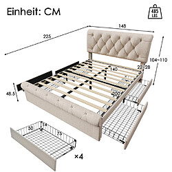 Avis modfu Lit adulte 140x200 cm avec 4 tiroirs et tête de lit réglable, en lin, naturel