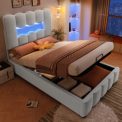 modfu Lit coffre 90x200 cm avec LED et tête de lit réglable, en velours, gris