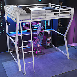 modfu Lit mezzanine 140x200 cm avec LED, bureau, port USB et escalier, en métal, blanc