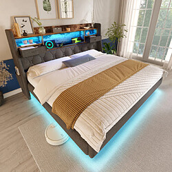 modfu Lit adulte 160x200 cm avec LED, tête de lit et station de charge, en lin, gris