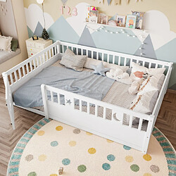 modfu Lit enfant 140x190 cm avec barrière de sécurité, décor étoiles et lune, en pin, blanc