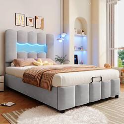 modfu Lit coffre 90x200 cm avec LED et tête de lit réglable, en velours, gris
