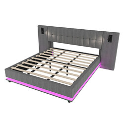 modfu Lit adulte 180x200 cm avec LED et USB, en lin, gris pas cher